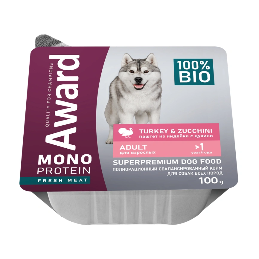 Влажный корм AWARD Monoprotein Turkey & Zucchini для взрослых собак с индейкой и цукини, 100 г фото 1