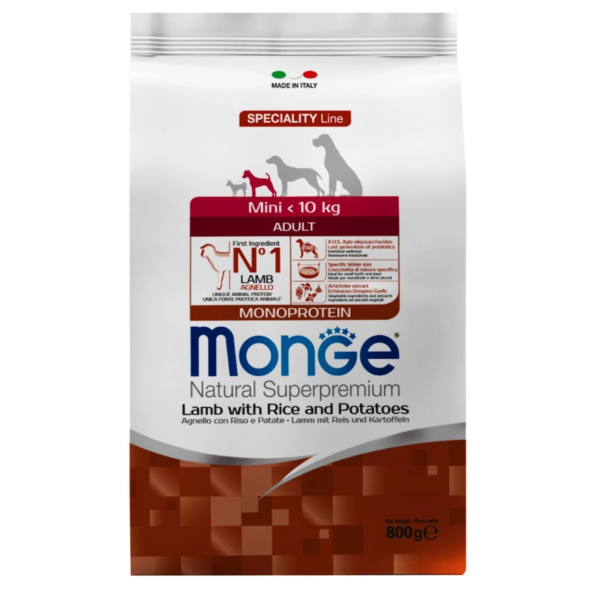 Сухой корм Monge Dog Speciality Line Extra Small Lamb & Rice & Potato для взрослых собак миниатюрных пород с мясом ягненка, рисом и картофелем, 800 г фото 1