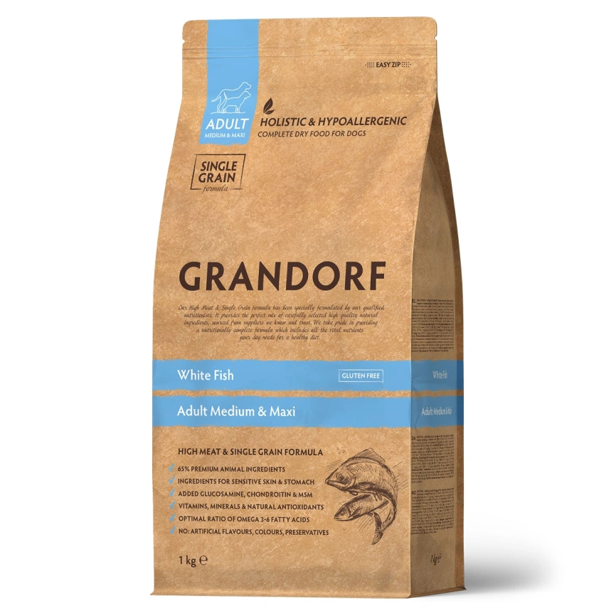 Сухой корм Grandorf White Fish Med & Maxi Белая рыба для взрослых собак средних и крупных пород, 1 кг фото 1