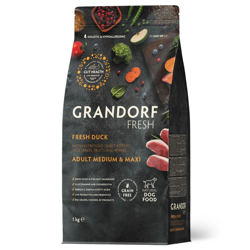 Сухой корм Grandorf Fresh Dog Duck & Sweet Potato для взрослых собак средних и крупных пород диетическая формула для особо аллергичных собак утка, с бататом, 1 кг фото 1