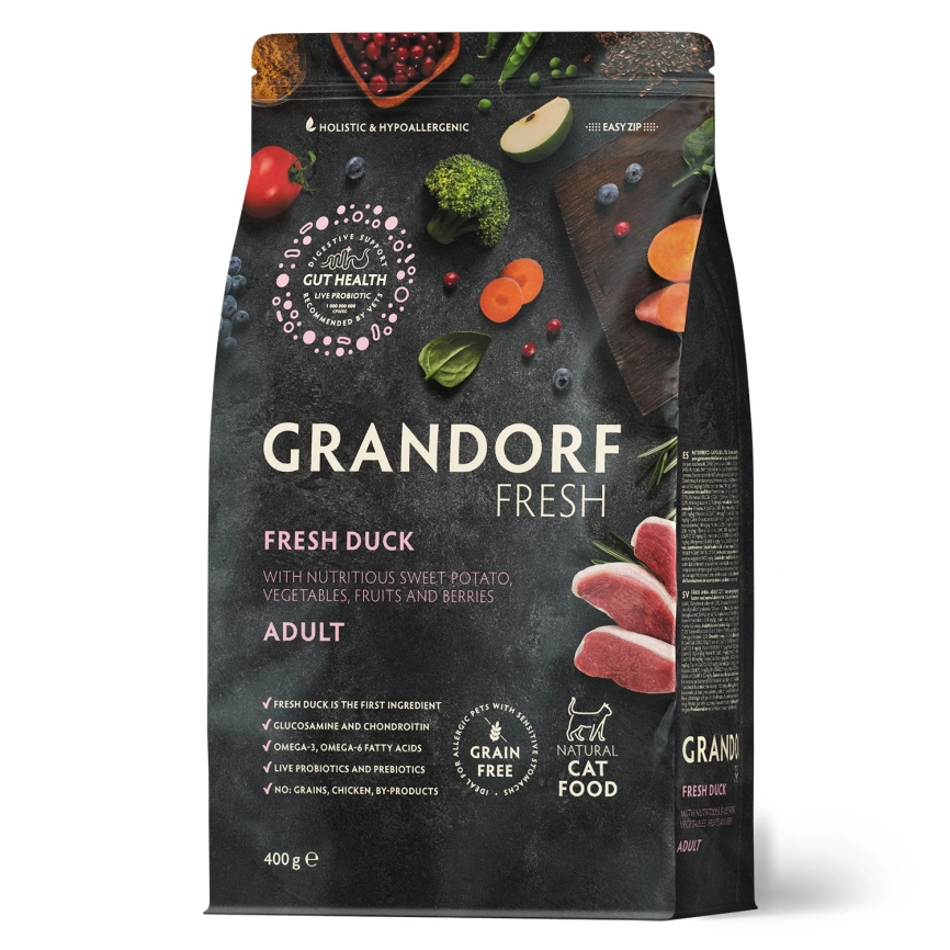 Сухой корм Grandorf Fresh Cat Duck & Sweet Potato для взрослых кошек, диетическая формула для особо аллергичных кошек утка, с бататом, 400 г фото 1