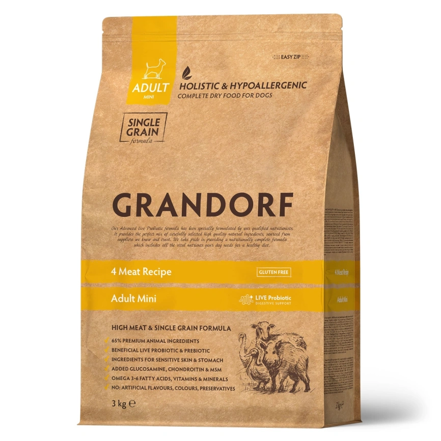 Сухой корм Grandorf 4 Meat Probiotic Mini Четыре вида мяса Meat Assortment для взрослых собак мелких пород, 3 кг фото 1
