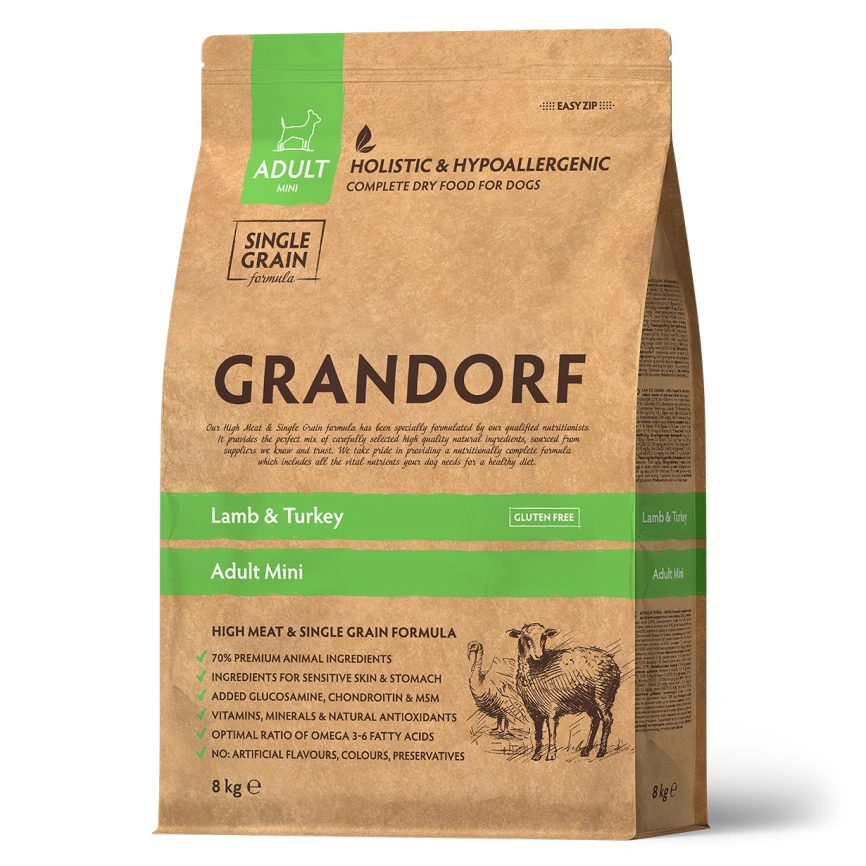 Сухой корм Grandorf Lamb & Turkey Mini для взрослых собак мелких пород, 8 кг фото 1