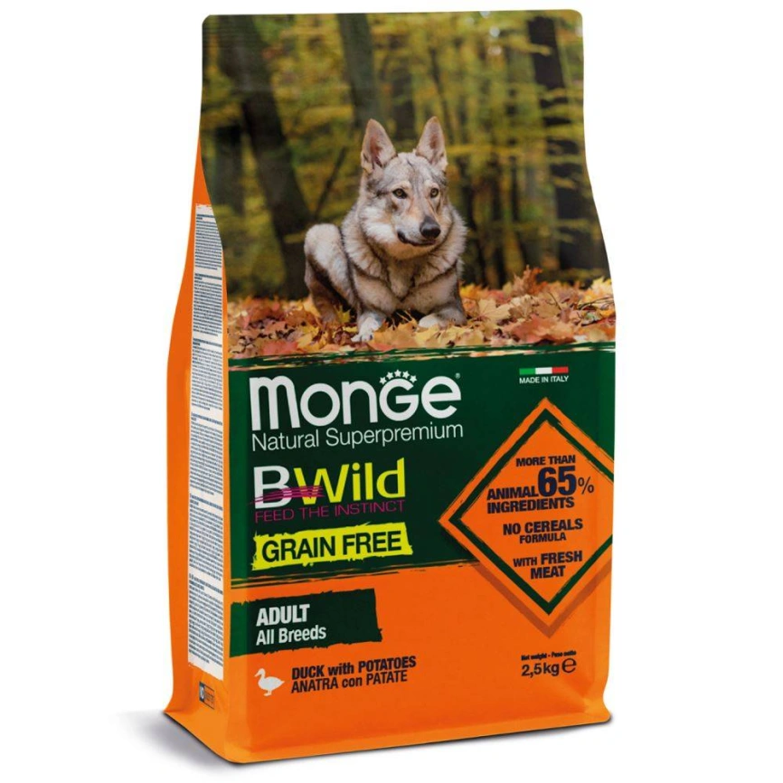 Сухой корм Monge Dog BWild GRAIN FREE Duck & Potato для взрослых собак с уткой и картофелем, 2,5 кг фото 2