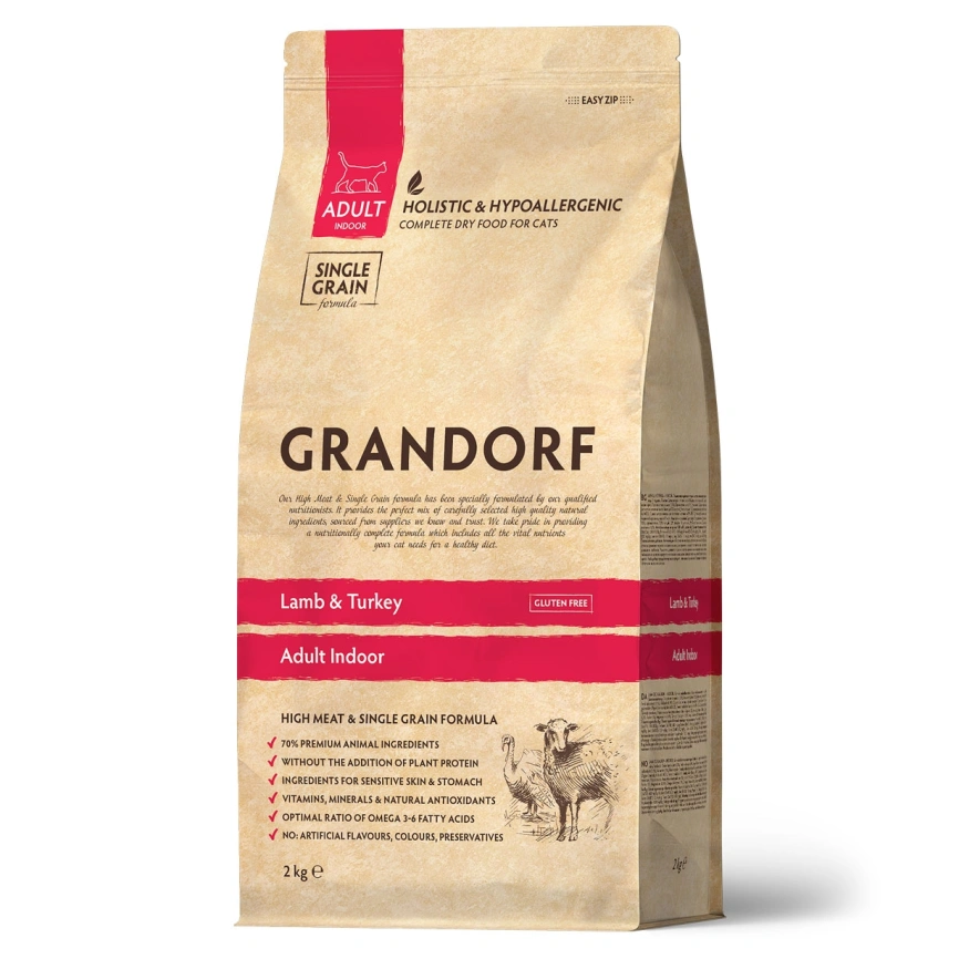 Сухой корм Grandorf Lamb & Turkey Indoor для домашних кошек, с ягнёнком и индейкой, 2 кг фото 1