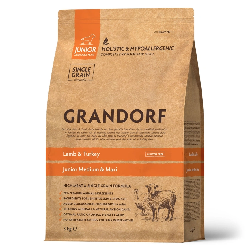 Сухой корм Grandorf Lamb & Turkey Junior для юниоров всех пород, с ягненком и индейкой, 3 кг фото 1