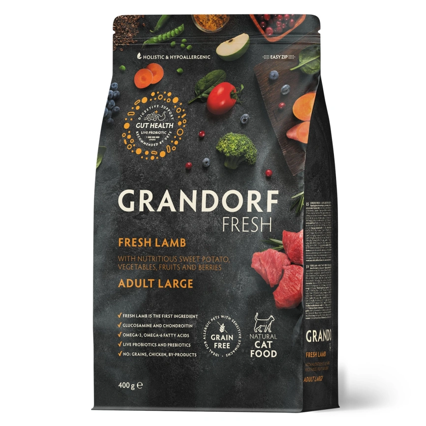 Сухой корм Grandorf Cat Lamb & Sweet Potato для взрослых кошек крупных пород, чувствительное пищеварение или склонность к аллергии ягненок, с бататом, 400 г фото 1