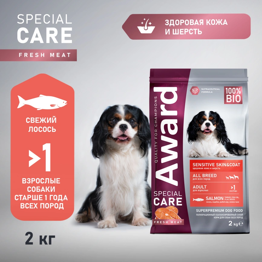 Сухой корм AWARD Special Care Skin & Coat Salmon для взрослых собак всех пород с лососем, 2 кг фото 2