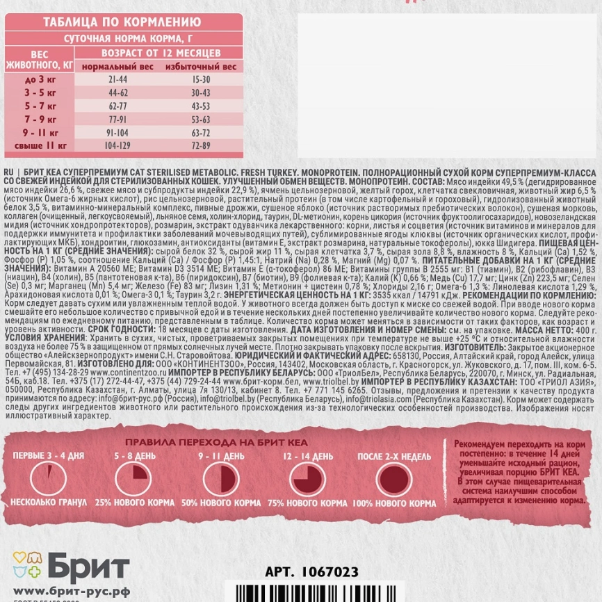 Сухой корм для стерилизованных кошек Брит Care с индейкой 0.4кг фото 5