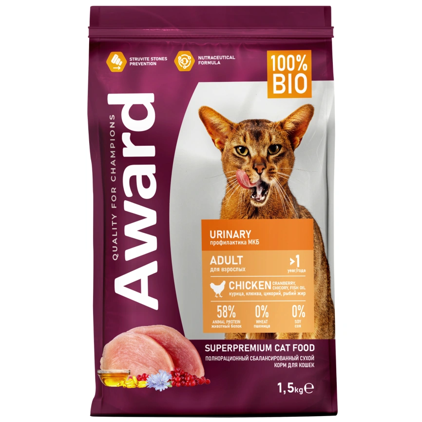 Сухой корм AWARD Urinary Chicken & Cranberry для взрослых кошек с курицей и клюквой, 1,5 кг фото 1
