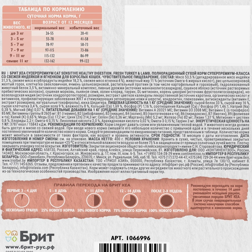 Сухой корм для взрослых кошек Брит Care с индейкой и ягненком 0.4кг фото 5