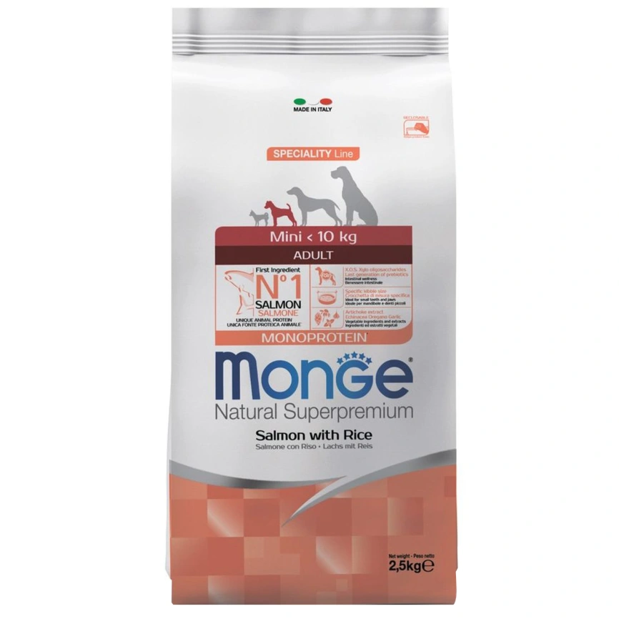 Сухой корм Monge Dog Speciality Line Monoprotein Extra Small Salmon & Rice для взрослых собак миниатюрных пород с лососем и рисом, 2,5 кг фото 1