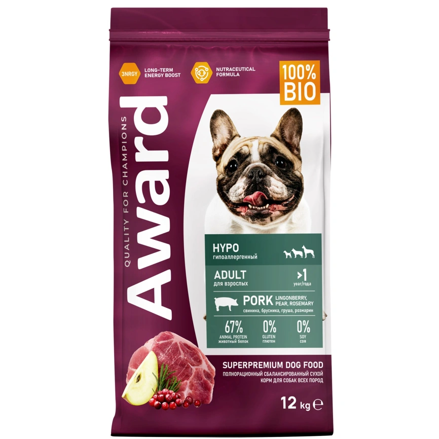 Сухой корм AWARD Special Care Hypo Pork & Pear & Lingonberry для взрослых собак всех пород с свининой, грушей и брусникой, 12 кг фото 1