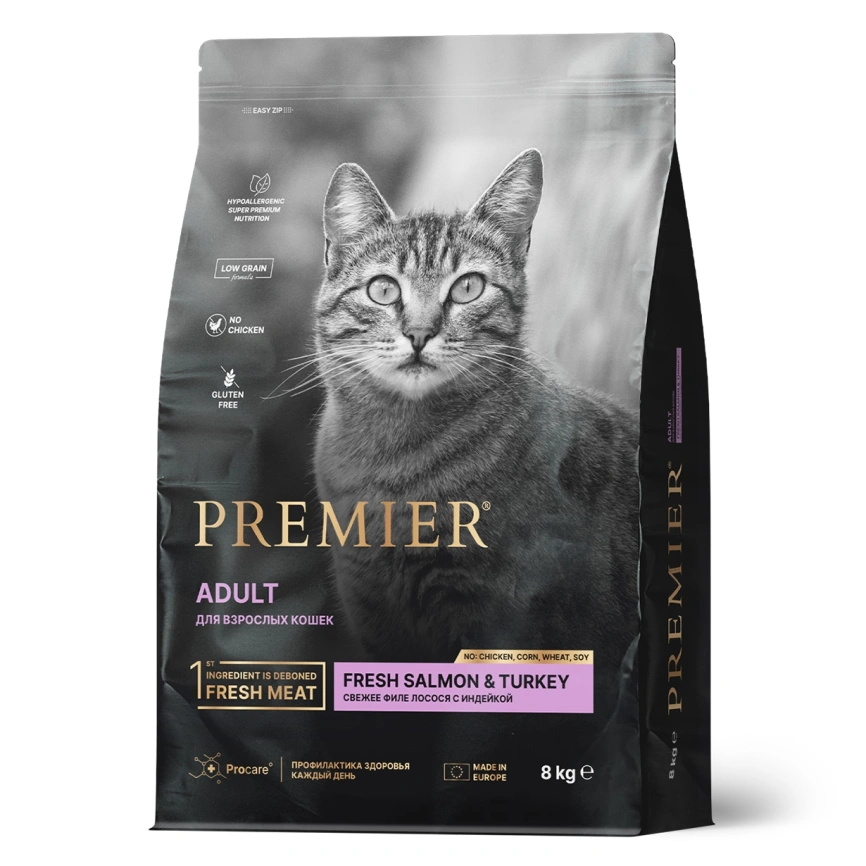 Сухой корм Premier Cat Salmon & Turkey Adult для взрослых кошек, с лососем и индейкой, 8 кг фото 1