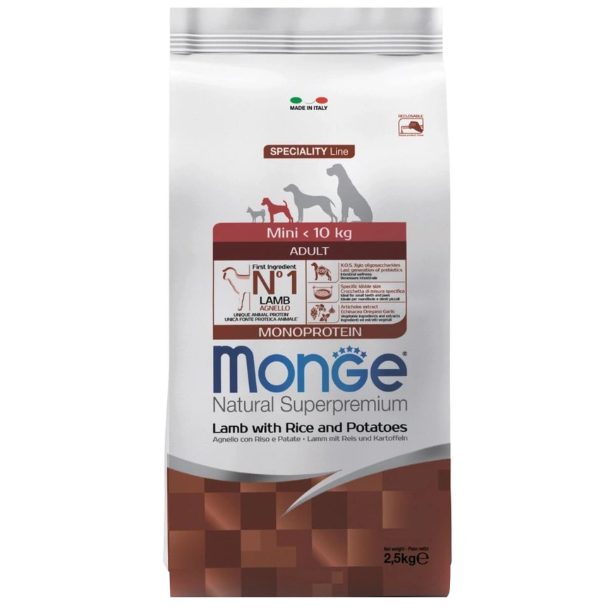 Сухой корм Monge Dog Speciality Line Monoprotein Mini Lamb & Rice & Potato для взрослых собак мелких пород с мясом ягненка, рисом и картофелем, 2,5 кг фото 1
