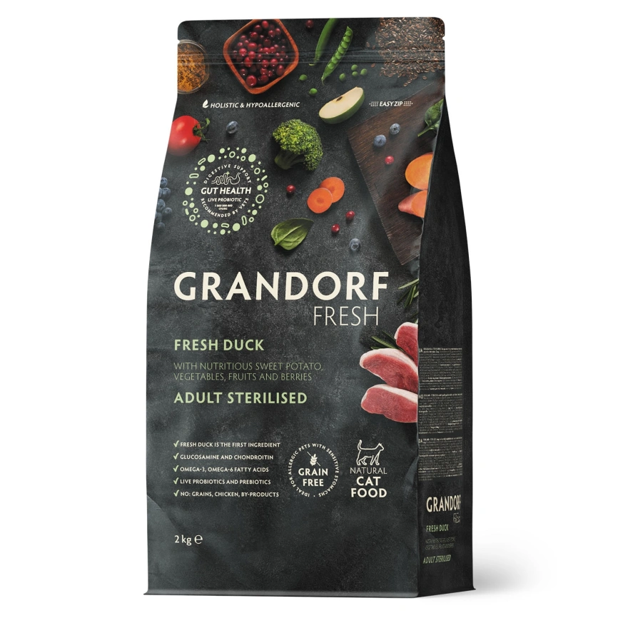 Сухой корм Grandorf Fresh Cat Duck & Sweet Potato для стерилизованных кошек диетическая формула для особо аллергичных кошек утка, с бататом, 2 кг фото 1