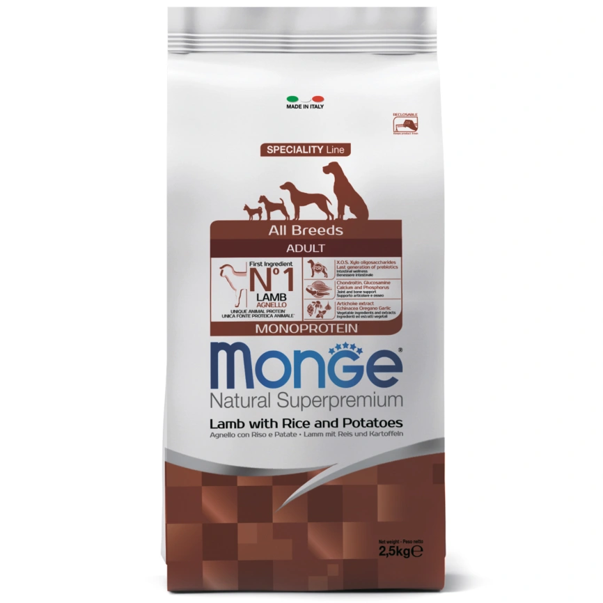 Сухой корм Monge Dog Speciality Line Monoprotein Lamb & Rice & Potato для взрослых собак всех пород с мясом ягненка, рисом и картофелем, 2,5 кг фото 1