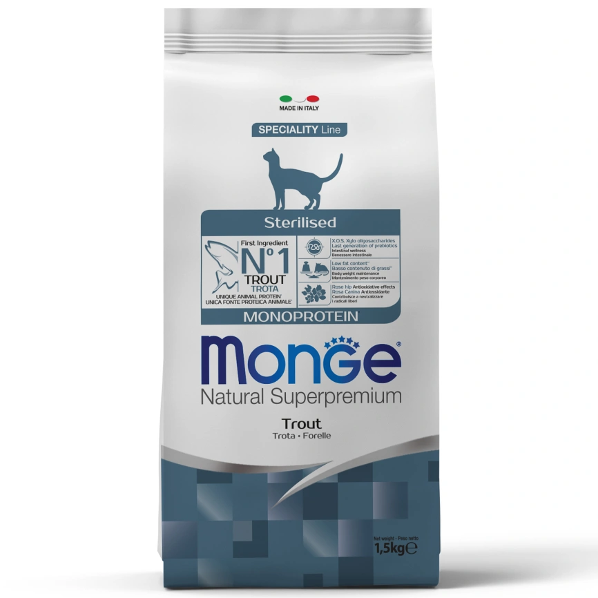 Сухой корм Monge Cat Speciality Line Monoprotein Sterilised Trout для стерилизованных кошек с форелью, 1,5 кг фото 1
