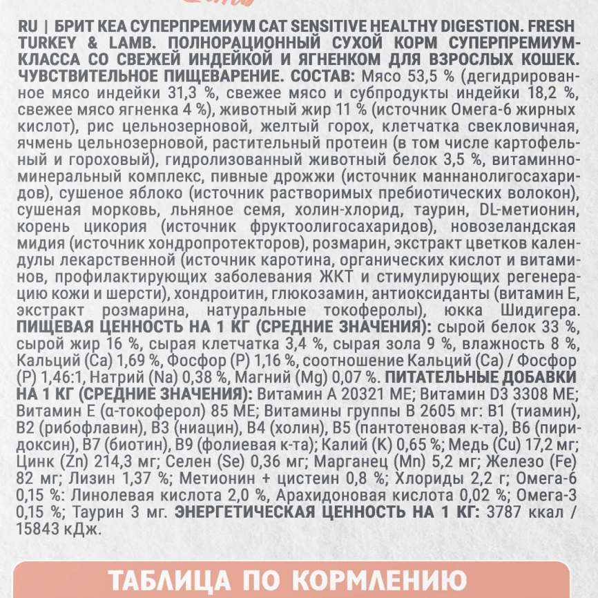 Корм для кошек Брит Кеа Sensitive healthy digestion с индейкой и ягненком 7кг фото 5
