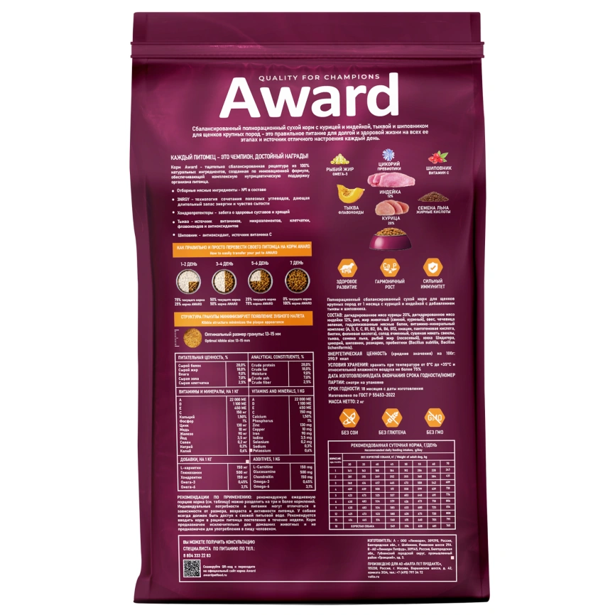 Сухой корм AWARD Turkey & Chicken & Pumpkin для щенков крупных пород с индейкой, курицей и тыквой, 2 кг фото 2