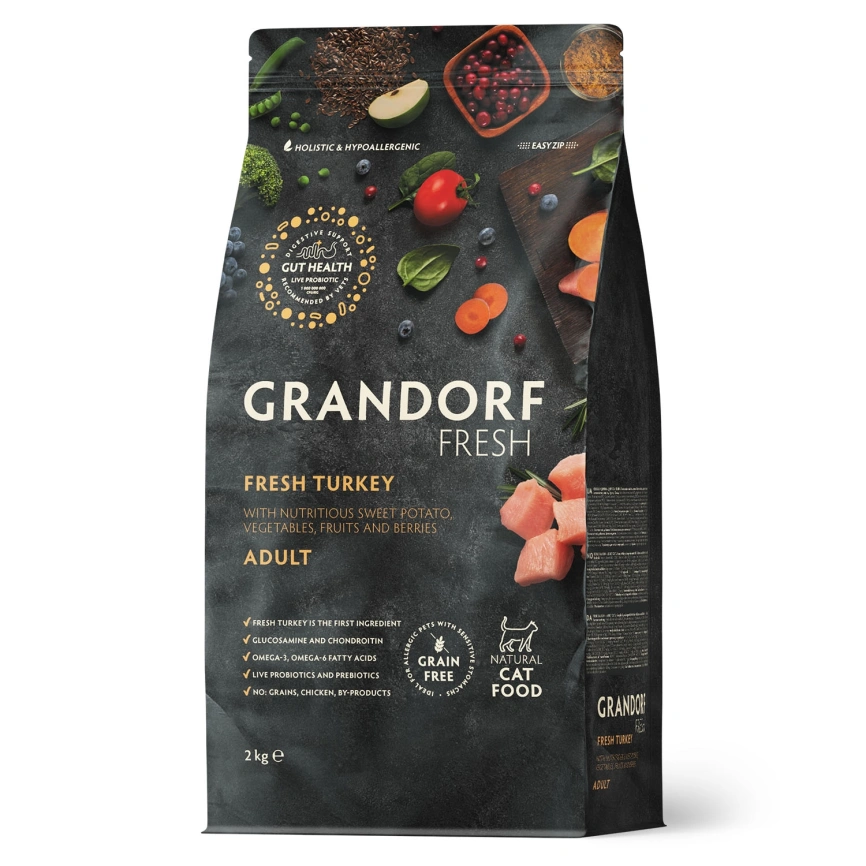 Сухой корм Grandorf Fresh Cat Turkey & Sweet Potato для взрослых кошек, диетическая формула для особо аллергичных кошек индейка, с бататом, 2 кг фото 1