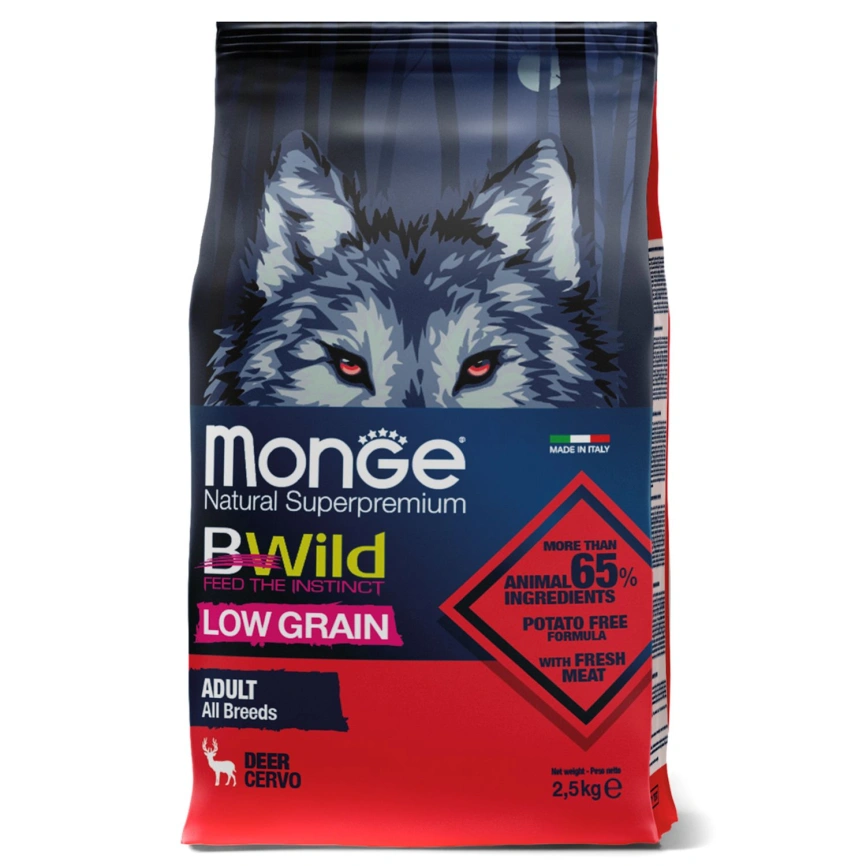 Сухой корм Monge Dog BWild LOW GRAIN Venison для взрослых собак с олениной, 2,5 кг фото 1