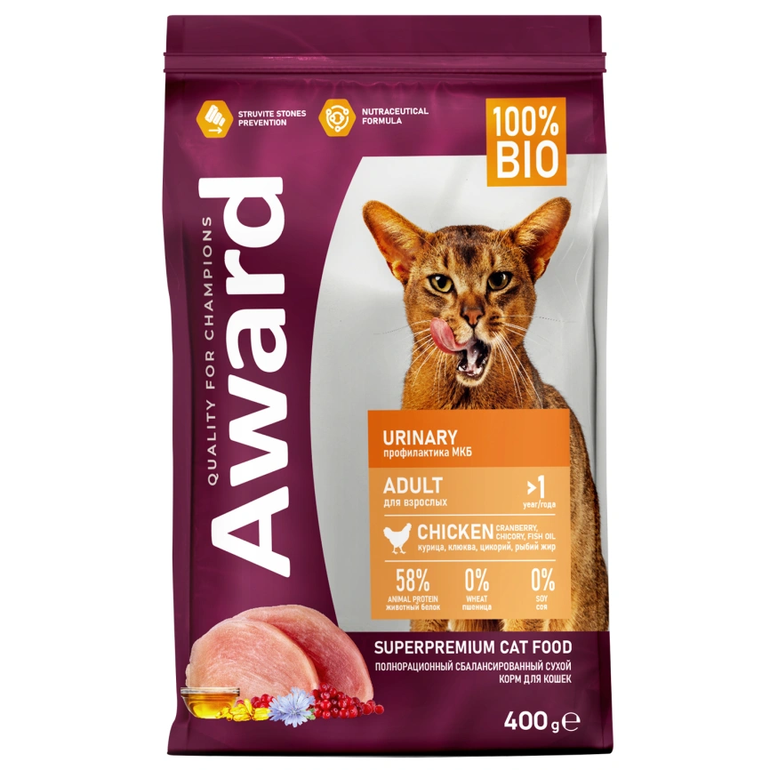 Сухой корм AWARD Urinary Chicken & Cranberry для взрослых кошек с курицей и клюквой, 400 г фото 1