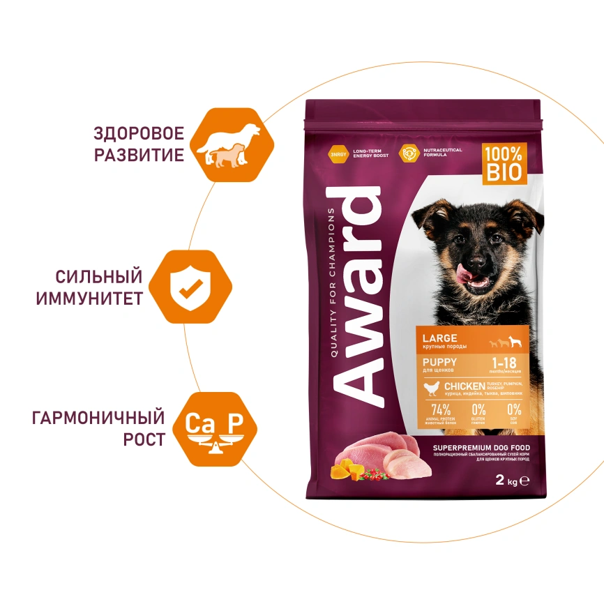 Сухой корм AWARD Turkey & Chicken & Pumpkin для щенков крупных пород с индейкой, курицей и тыквой, 2 кг фото 4