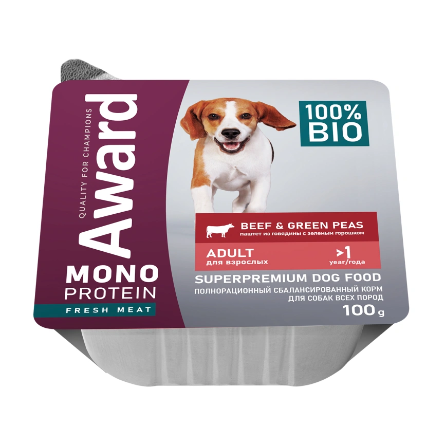 Влажный корм AWARD Monoprotein Beef для взрослых собак с говядиной, 100 г фото 1