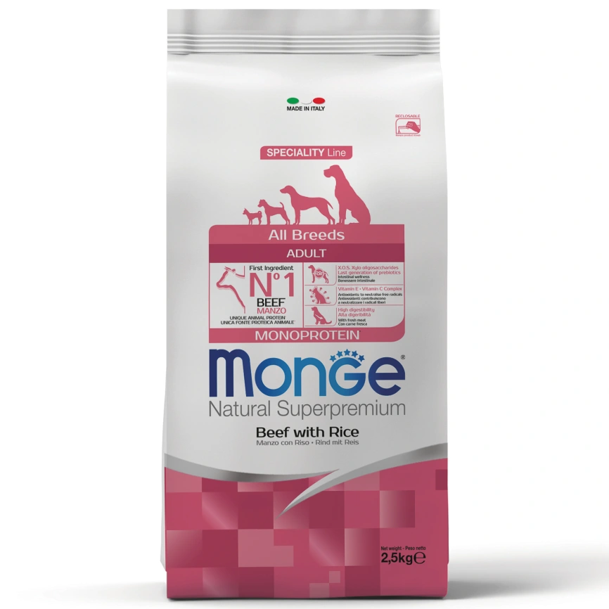 Сухой корм Monge Dog Speciality Line Monoprotein All Breeds Beef & Rice для взрослых собак всех пород с говядиной и рисом, 2,5 кг фото 1