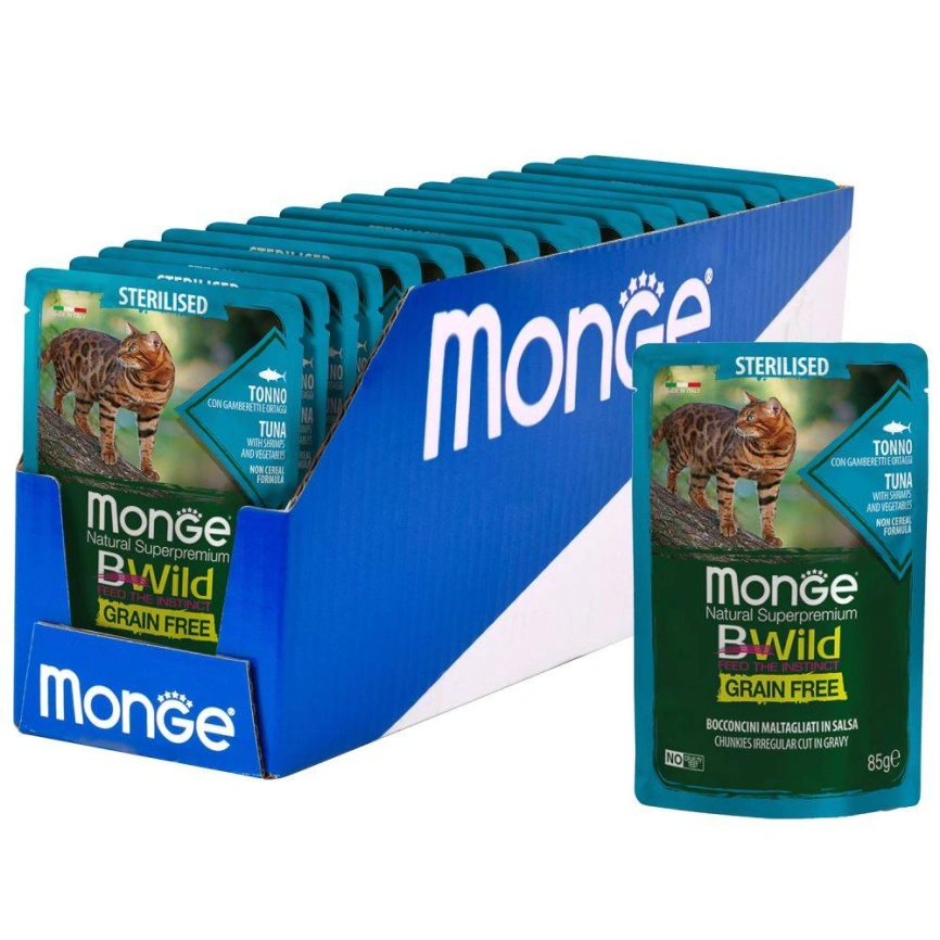 Влажный корм Monge Cat BWild GRAIN FREE Tuna & Vegetables & Shrimp для стерилизованных кошек с тунцом, овощами и креветками, 85 г фото 7