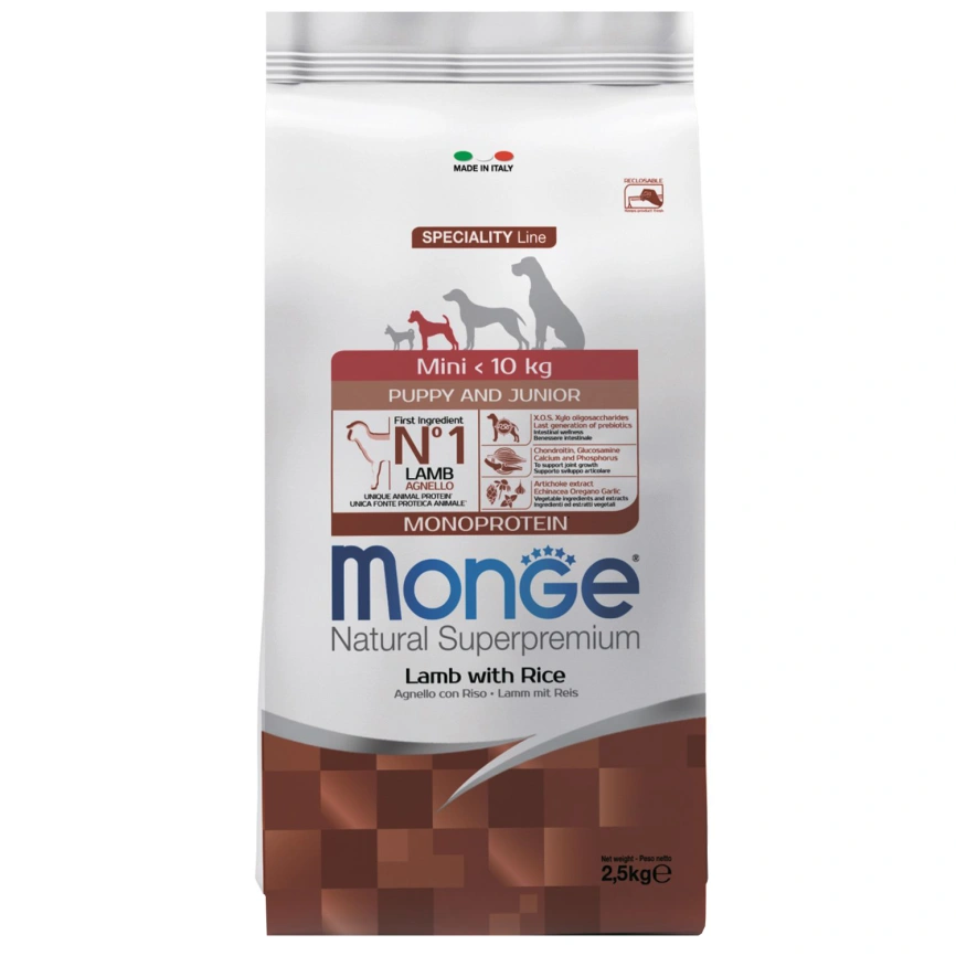 Сухой корм Monge Dog Speciality Line Monoprotein Mini Lamb & Rice для щенков и беременных собак мелких пород с мясом ягненка и рисом, 2,5 кг фото 1