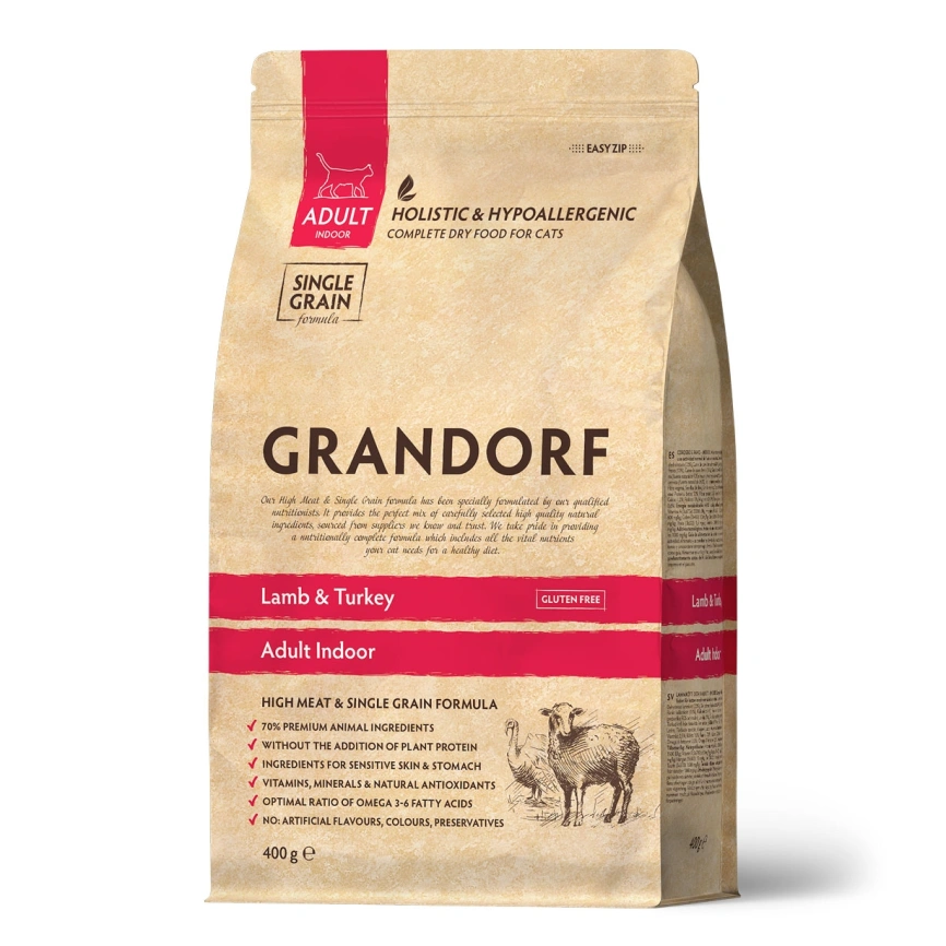 Сухой корм Grandorf Lamb & Turkey Indoor для домашних кошек, с ягнёнком и индейкой, 400 г фото 1