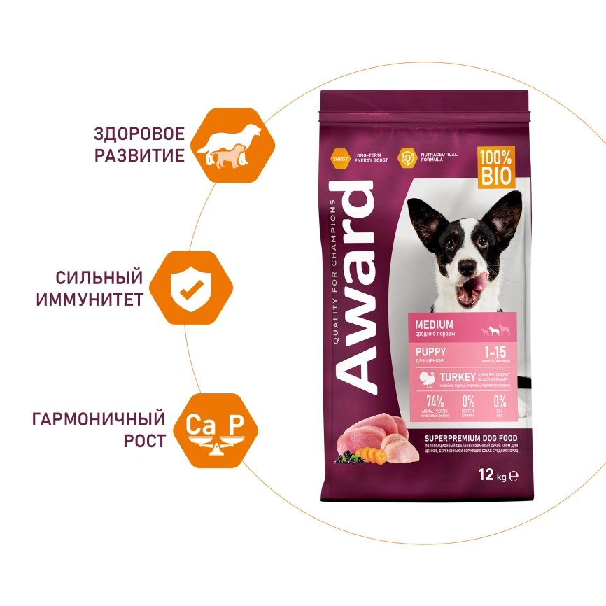 Сухой корм AWARD Turkey & Chicken & Carrot для щенков, беременных и кормящих собак средних пород с индейкой, курицей и морковью, 12 кг фото 3