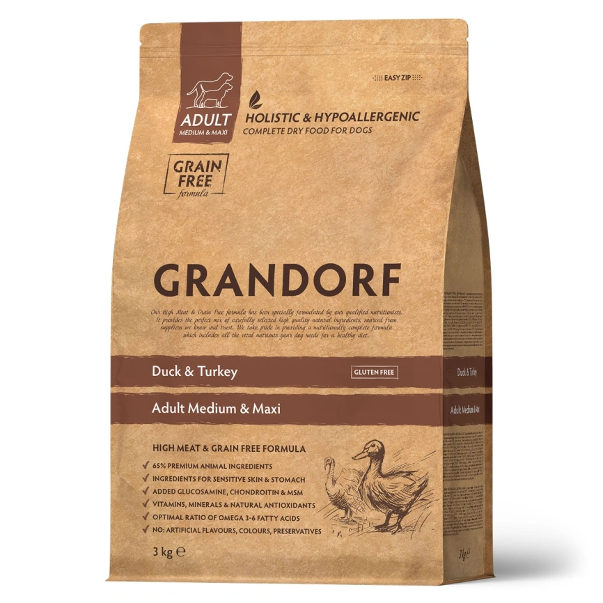 Сухой корм Grandorf Duck & Turkey Med & Maxi для взрослых собак средних и крупных пород, с уткой и индейкой, 3 кг фото 1