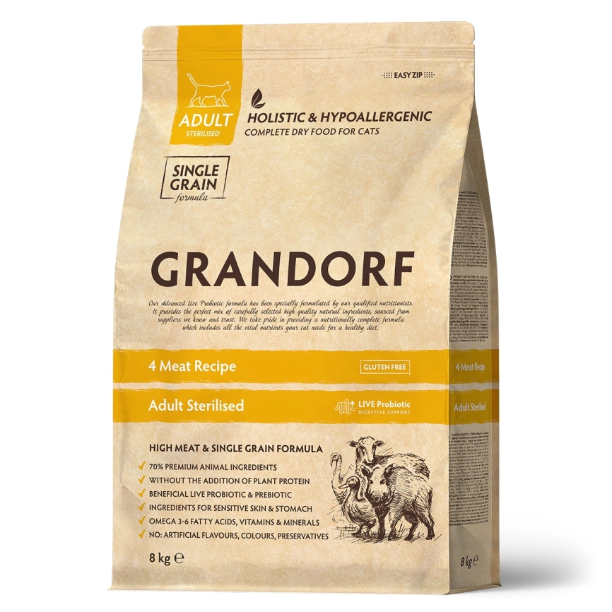 Сухой корм Grandorf 4 Meat Probiotic Sterilised Четыре вида мяса Meat Assortment для стерилизованных кошек, 8 кг фото 1