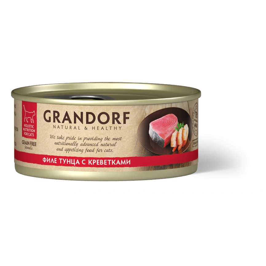Влажный корм Grandorf Tuna & Shrimp для кошек, консервы, Филе тунца с креветками в бульоне, 70 г фото 1