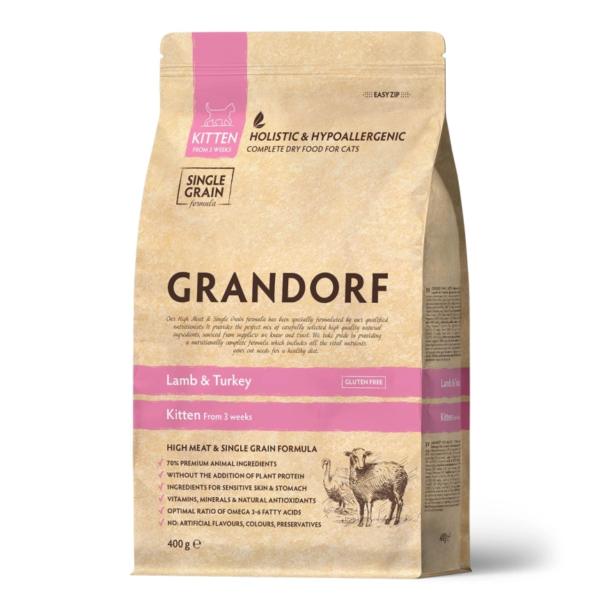 Сухой корм Grandorf Lamb & Turkey Kitten для котят, с ягнёнком и индейкой, 400 г фото 1