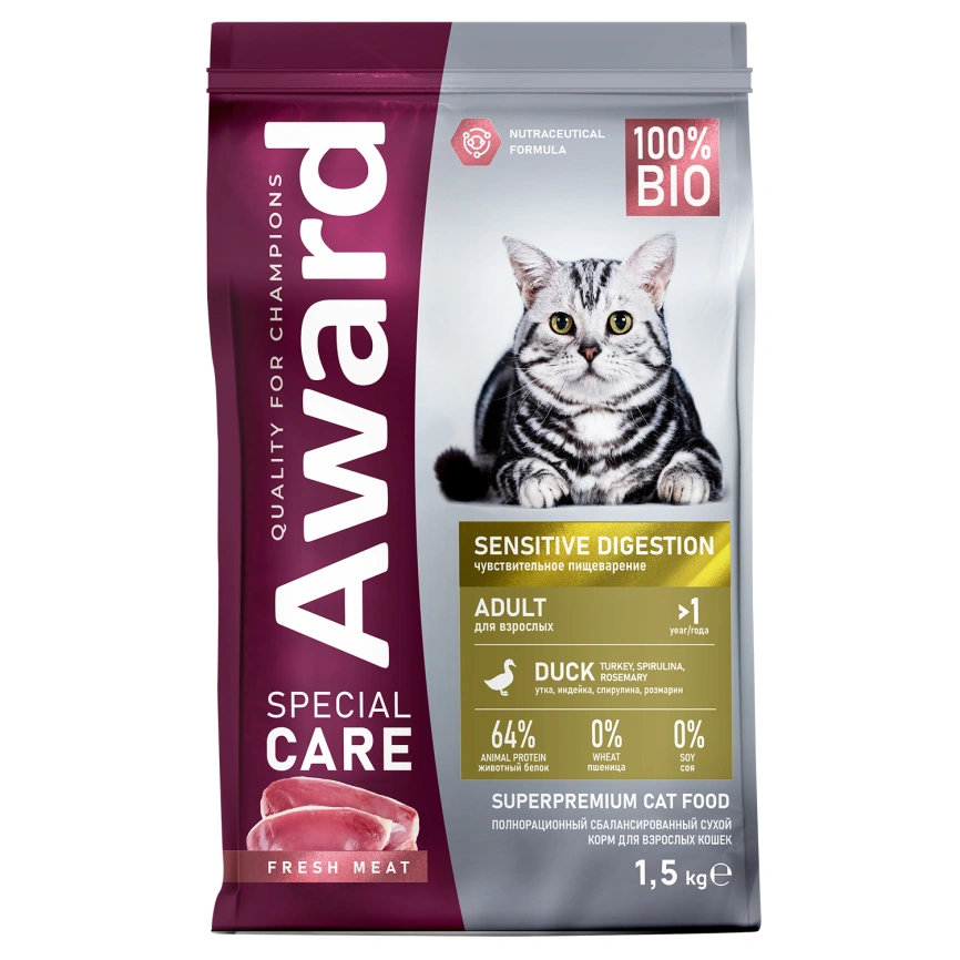 Сухой корм AWARD Special Care Sensitive Digestion Duck для взрослых кошек с уткой, 1,5 кг фото 1