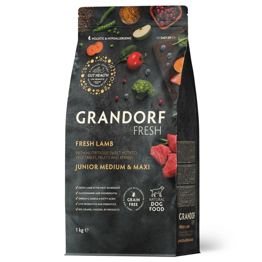 Сухой корм Grandorf Fresh Dog Lamb & Sweet Potato для юниоров средних и крупных пород беременных и кормящих собак беззерновой ягненок, с бататом, 1 кг фото 1