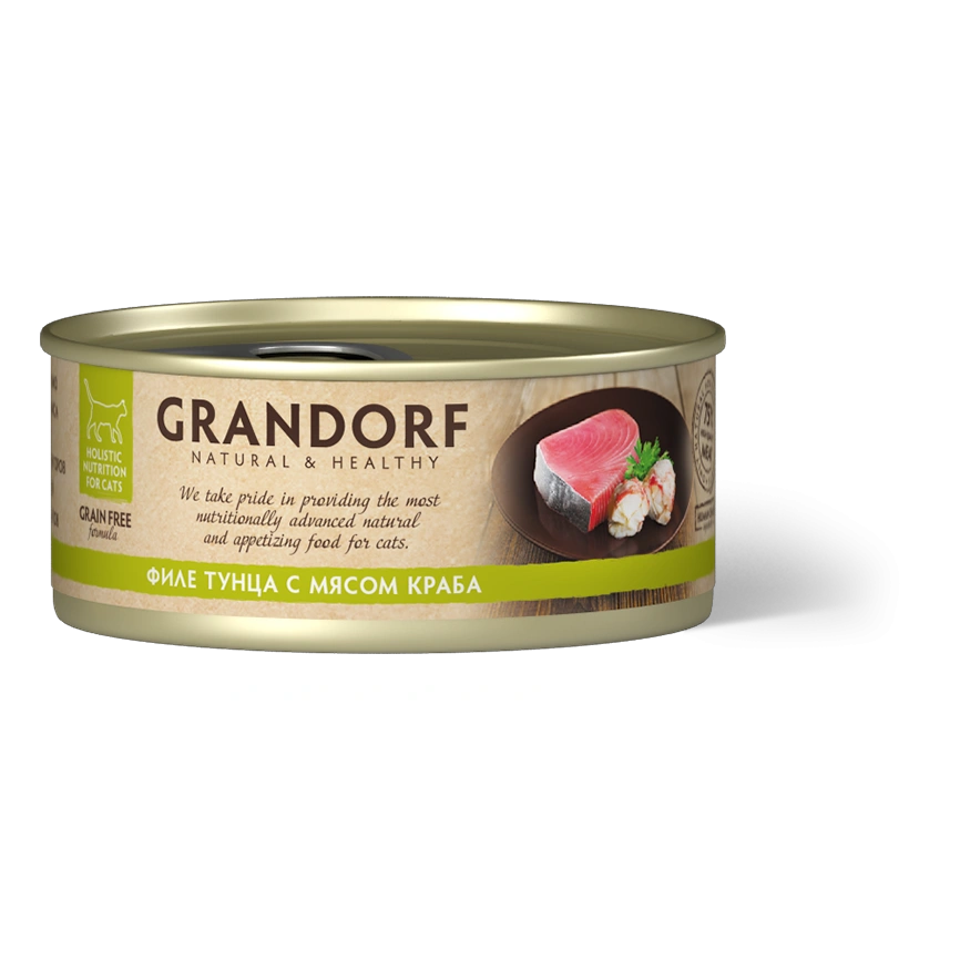 Влажный корм Grandorf Tuna & Crab для кошек, консервы, Филе тунца с мясом краба в бульоне, 70 г фото 1