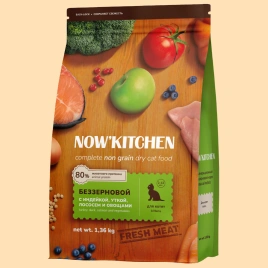 Сухой корм NOW'KITCHEN Fresh Kitten Turkey, Duck, Salmon & Vegetables для котят со свежей индейкой, уткой, лососем и овощами, 1,36 кг