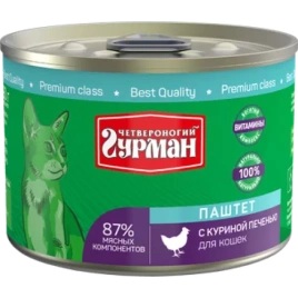 Влажный корм Четвероногий Гурман Liver для кошек, паштет с куриной, с печенью, 190 г