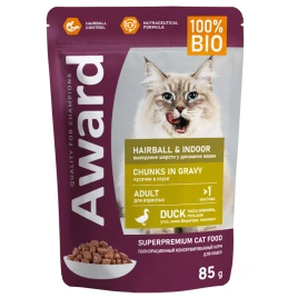 Влажный корм AWARD Hairball & Indoor Duck для взрослых домашних кошек с уткой, 85 г