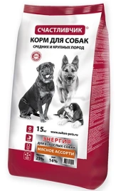 Сухой корм Счастливчик Энергия Meat Assortment для взрослых собак средних и крупных пород, с мясным ассорти, 15 кг