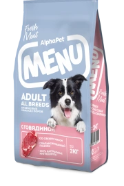Сухой корм ALPHAPET MENU Beef для взрослых собак всех пород, с говядиной, 2 кг
