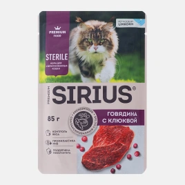 Влажный корм SIRIUS Premium Sterile консервированный Beef & Cranberry для для стерилизованных кошек кусочки в соусе говядина с клюквой, 85 г
