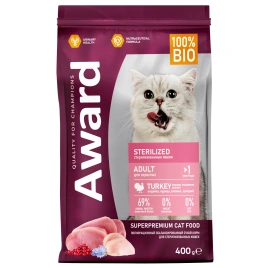 Сухой корм AWARD Sterilized Turkey & Chicken & Cranberry для стерилизованных взрослых кошек с индейкой, курицей и клюквой, 400 г