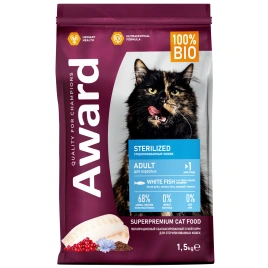 Сухой корм AWARD Sterilized White Fish & Cranberry для стерилизованных взрослых кошек с белой рыбой и клюквой, 1,5 кг