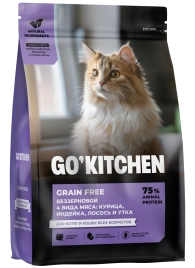 Сухой корм Go'Kitchen Chicken, Turkey, Salmon & Duck для котят и кошек всех возрастов, с курицей, с курицей, индейкой, лососем и уткой, 1,36 кг